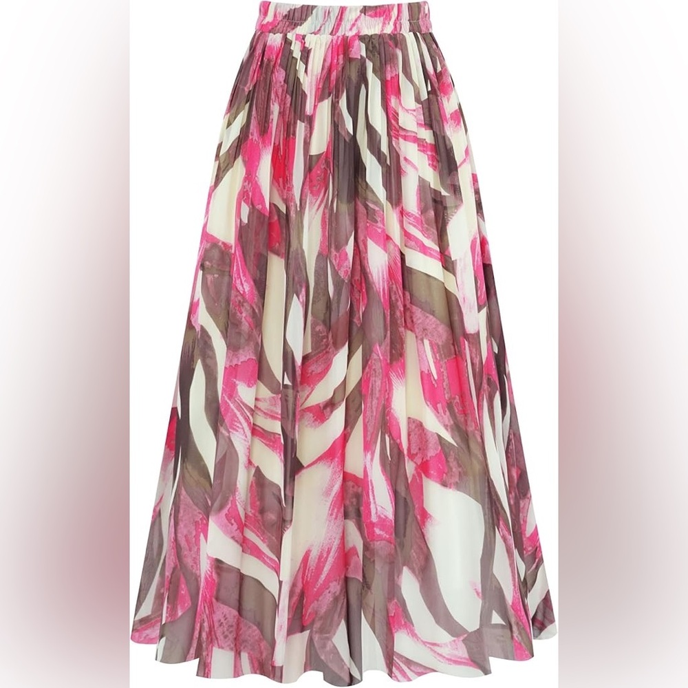 Kingfancy Women's Pleated Skirt Chiffon Elastic Waist A-Line Midi Length Skirt